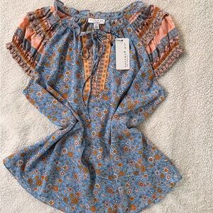 Current Air Impact Floral Ruffle Blouse Baby Blue NWT Sz Small Boho Peasant Top